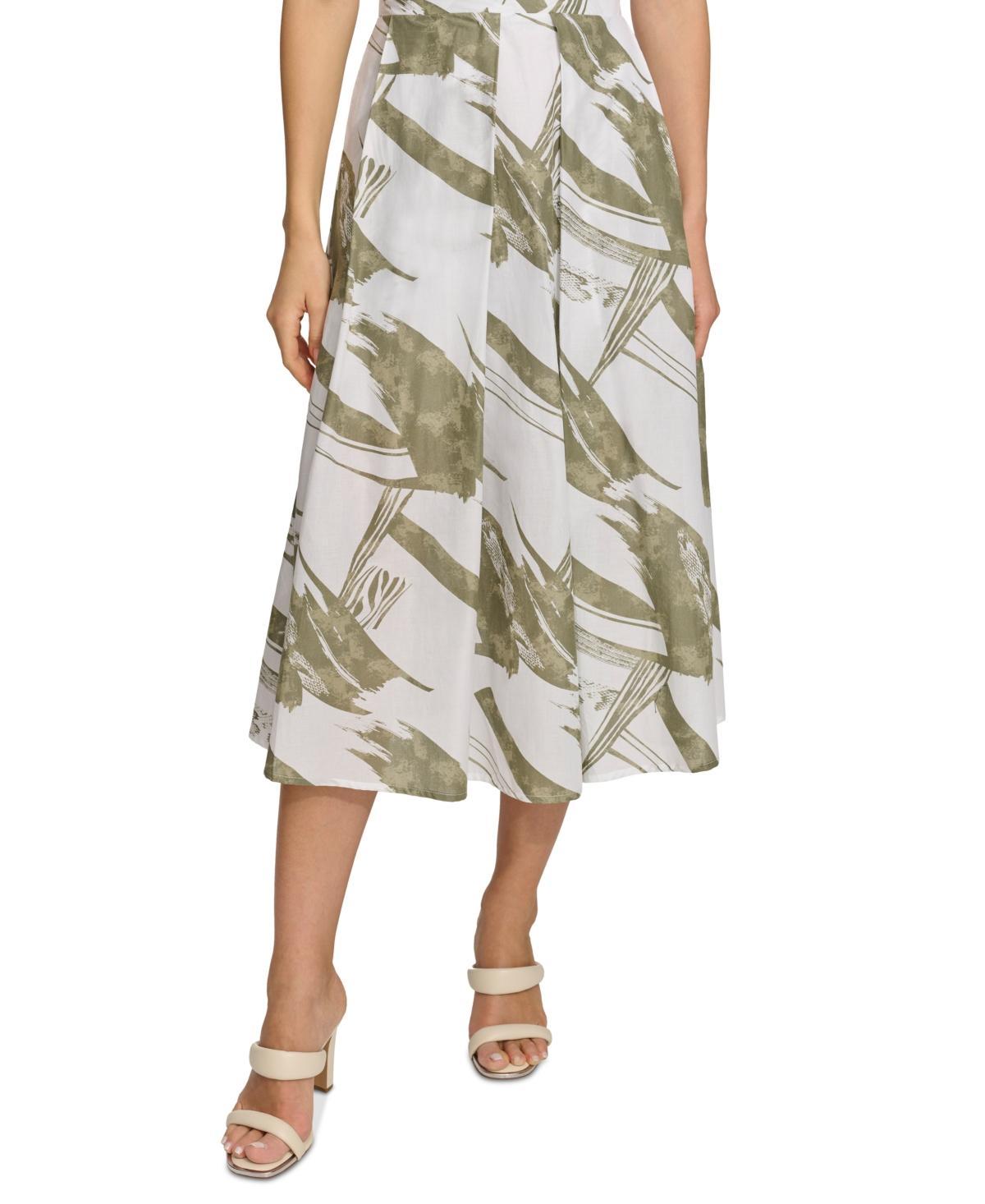 Dkny Womens Printed Pleated Cotton Voile Midi Skirt Product Image