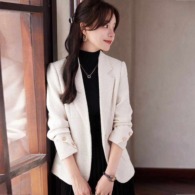 Lapel Collar Plain Tweed Single Button Blazer Product Image