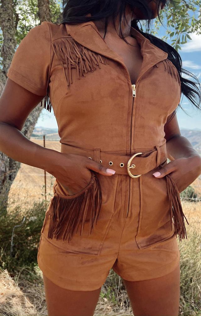 Outlaw Romper ~ Cognac Fringe Faux Suede Product Image