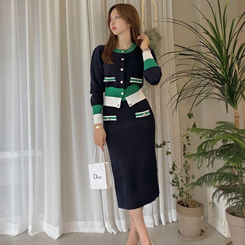 Set: Round Neck Color Block Button Cardigan + Mid Rise Plain Mini Pencil Skirt Product Image