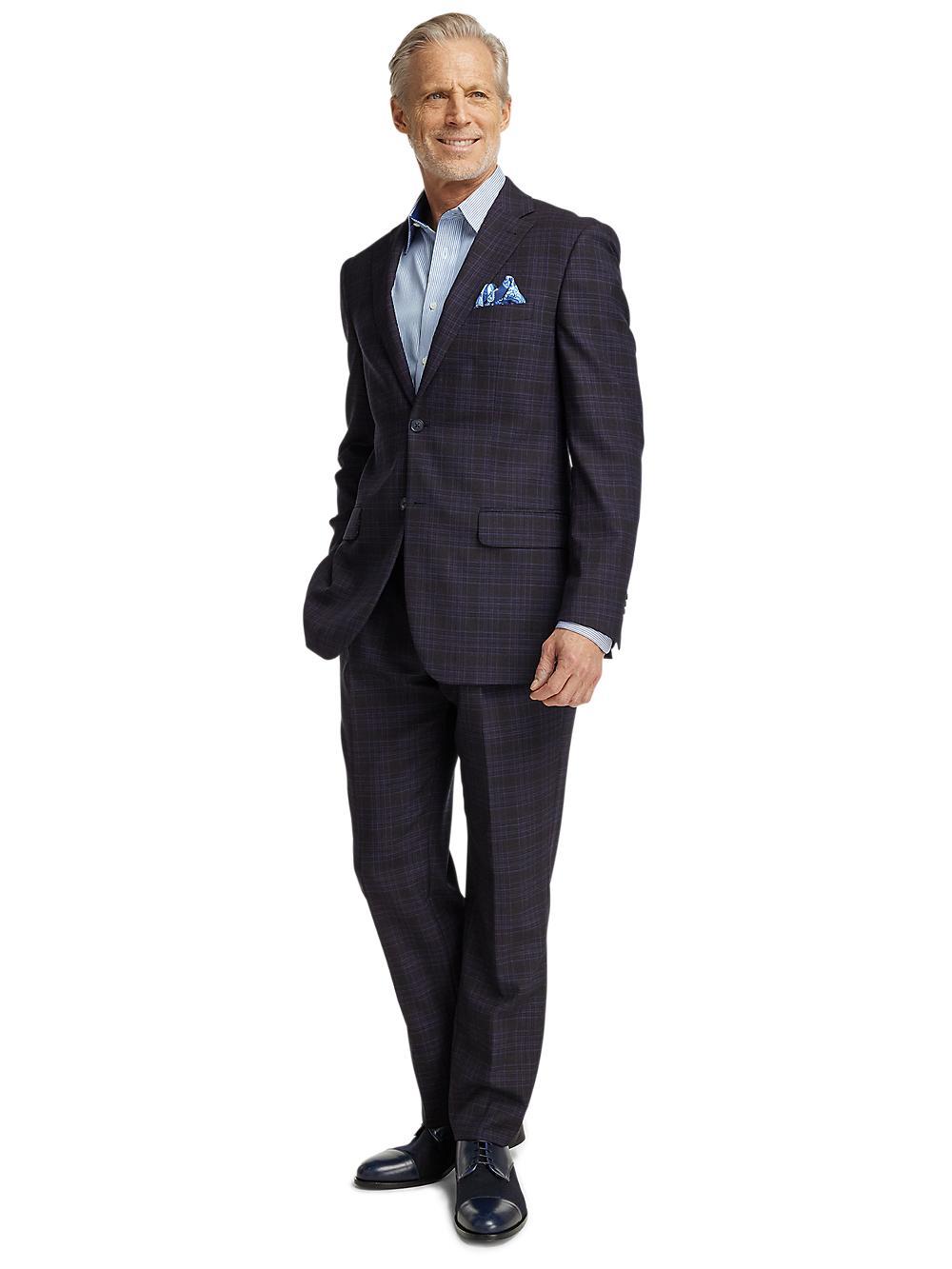 Wool Stretch Plaid Single Breasted Notch Lapel Suit - Brown/navy Product Image