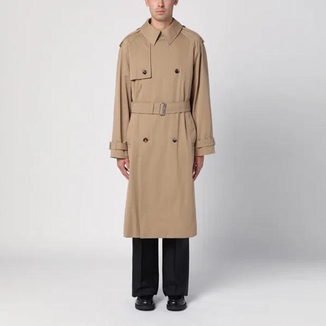 Long Beige Gabardine Trench Coat In Brown Product Image