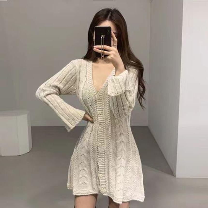 Long-Sleeve V-Neck Cable Knit Button Front Mini Sheath Knit Dress Product Image