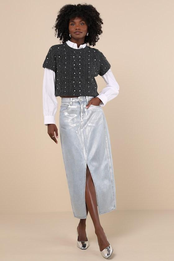 Modern Shine Light Wash Metallic Coated Denim Midi Skirt Product Image