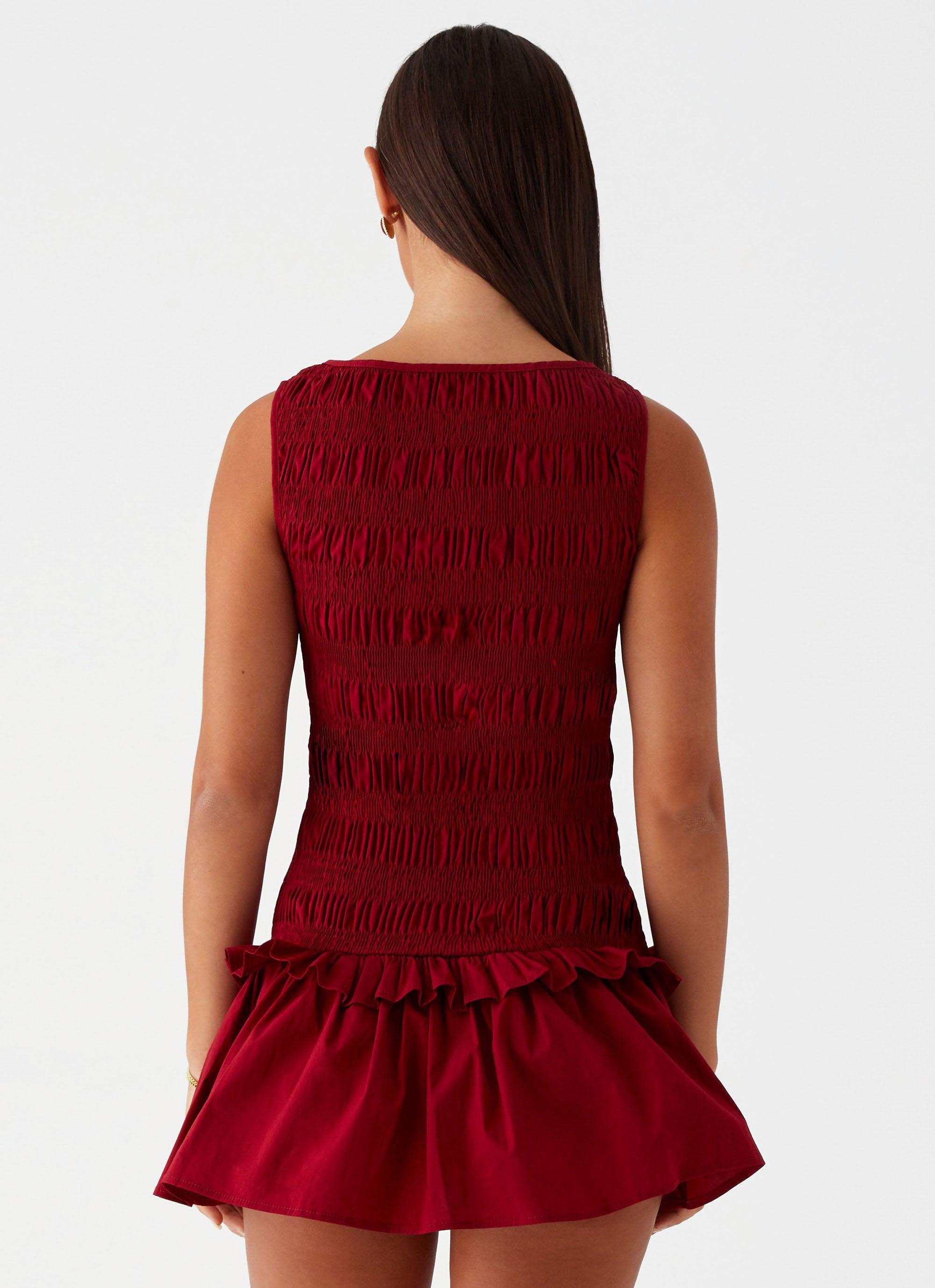 Garden Kisses Shirred Mini Dress - Maroon Product Image