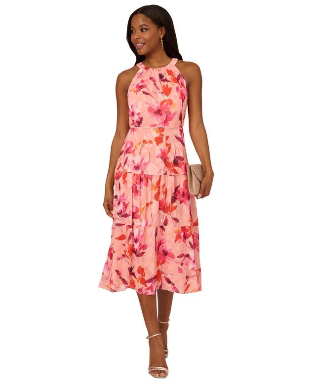 Adrianna Papell Womens Floral Print Tiered Sleeveless Midi Dress Product Image