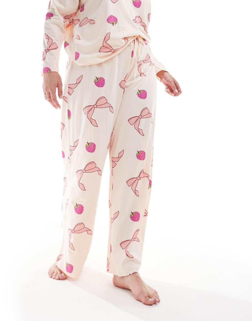 ASOS DESIGN Curve bow and fruit long sleeve top & pants pajama set in pink Product Image