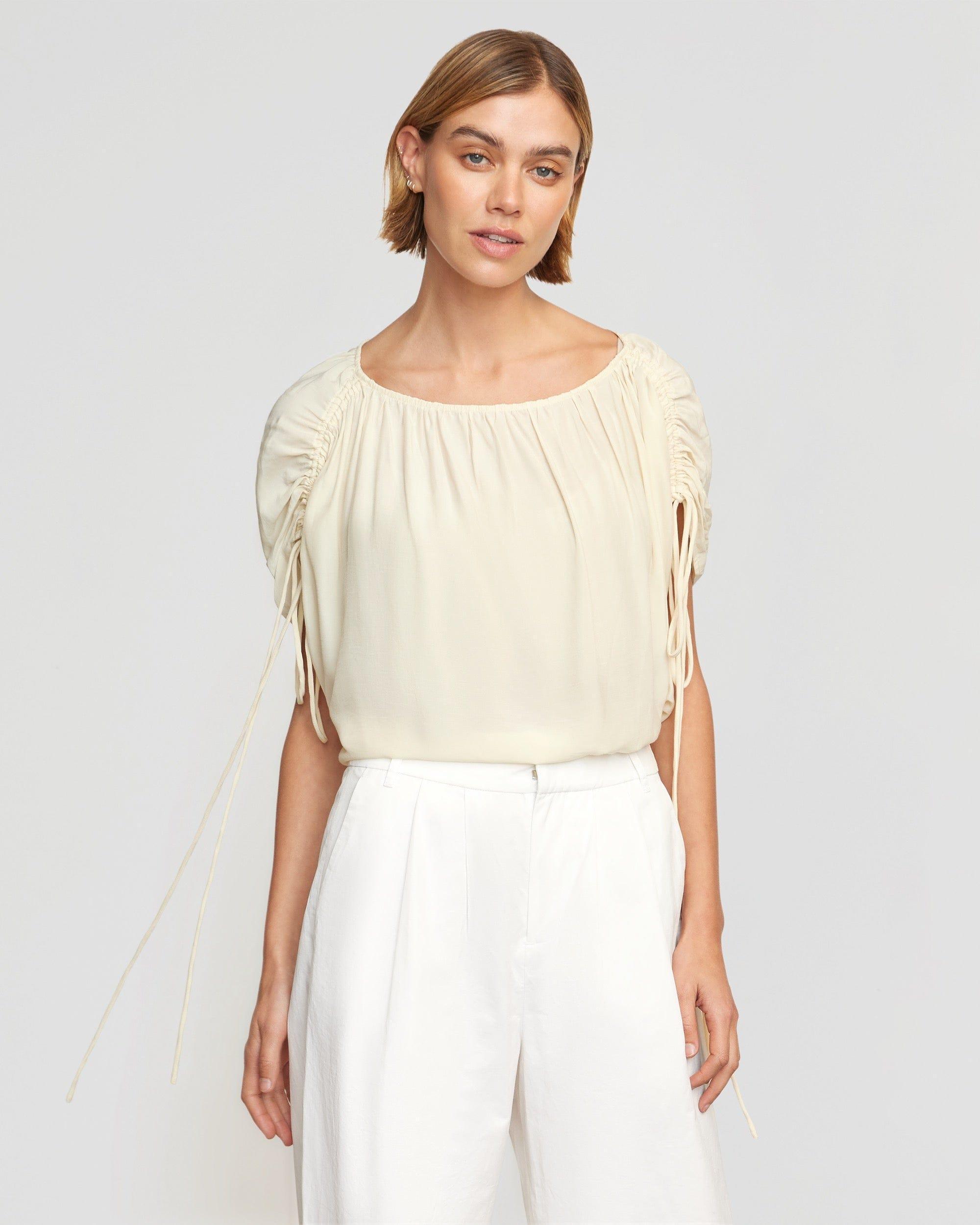 Akari Semi-Sheer Gathered-Shoulder Blouse Product Image