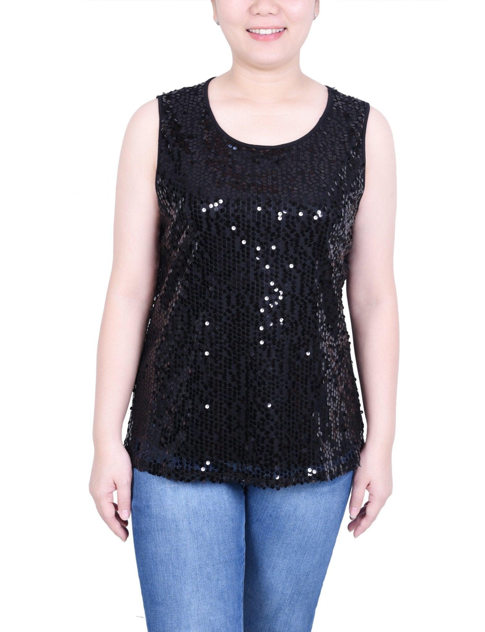 NY Collection Sleeveless Sequined Tank Top With Combo Banding - Petite Product Image