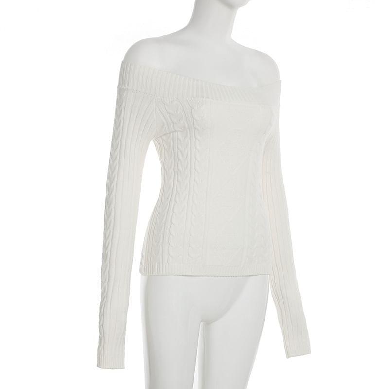 Off Shoulder Plain Cable Knit Cropped Sweater Product Image