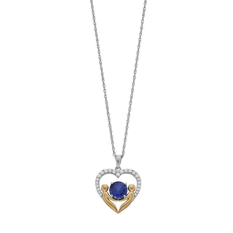 Two Tone Sterling Silver Lab-Created Ceylon Sapphire & Lab-Created White Sapphire Heart Pendant Necklace, Womens Product Image