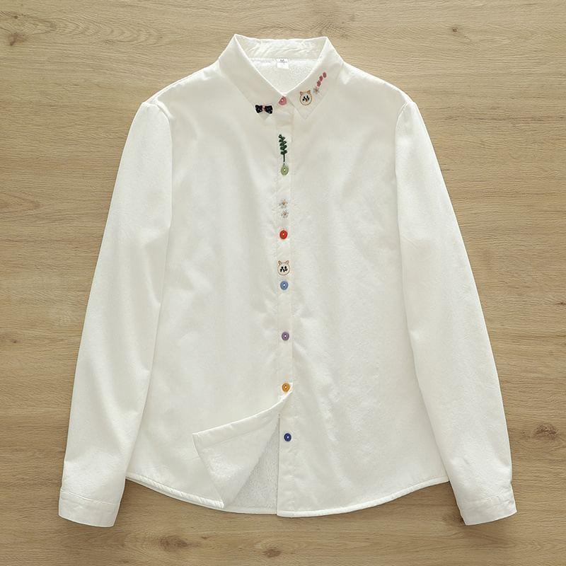 Long Sleeve Collared Floral Embroidered Shirt Product Image