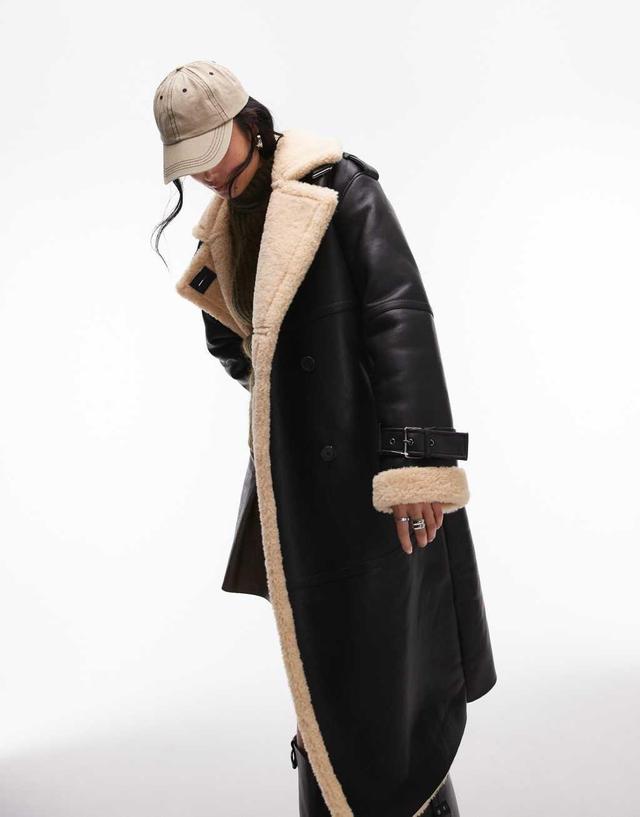 Topshop oversized aviator borg coat in black Product Image