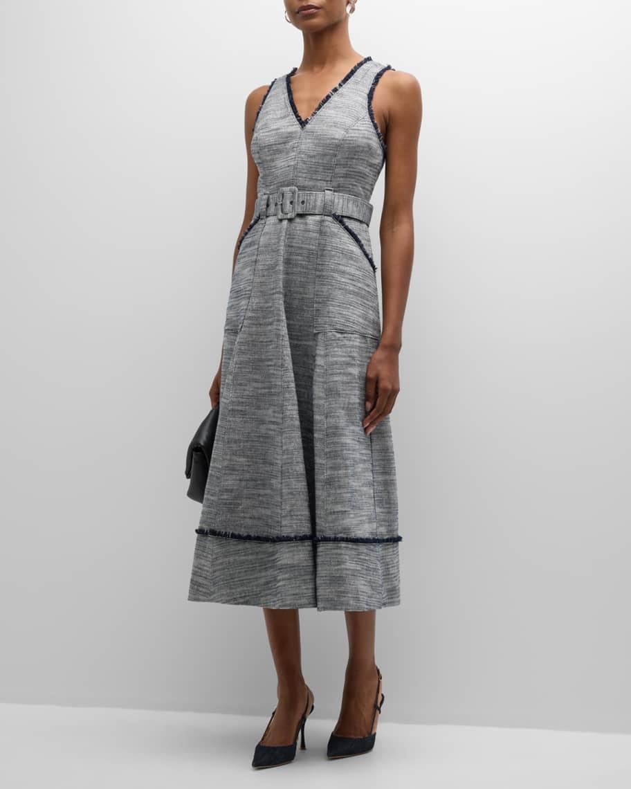 Tadi Belted Cotton Linen V-Neck Midi Dress Product Image