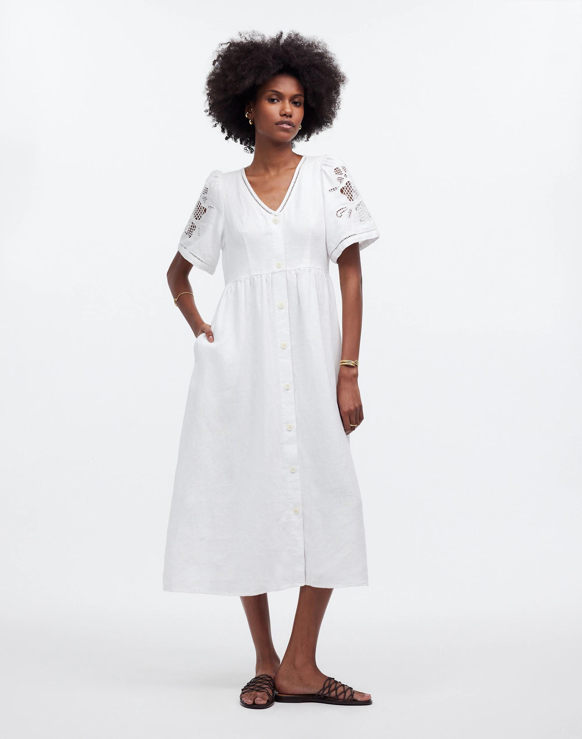 Cassie Button-Front Midi Dress in Embroidered Linen Product Image