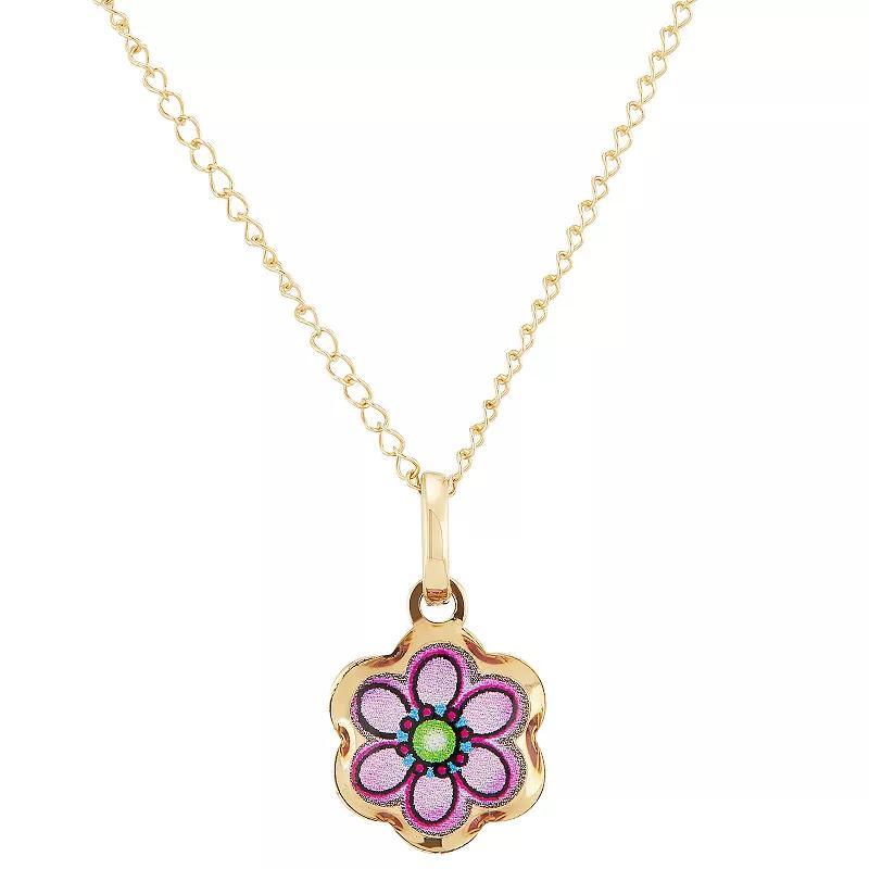 14k Yellow Gold Purple Enamel Flower Pendant Necklace, Womens 14k Gold Product Image