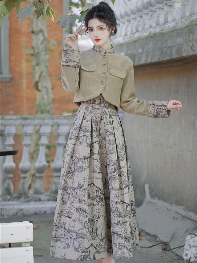 Set: Mock Two-Piece Mandarin Collar Print Panel Crop Button Jacket + High Rise Pleated Midi A-Line Skirt Product Image