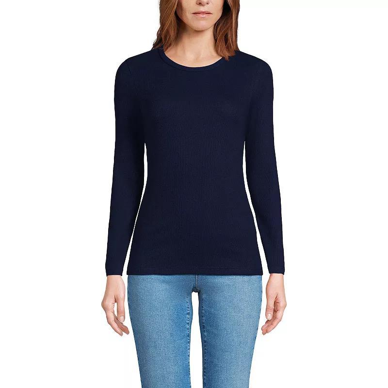 Petite Lands End Long Sleeve Micro Rib Crewneck T-Shirt, Womens Deep Blue Product Image