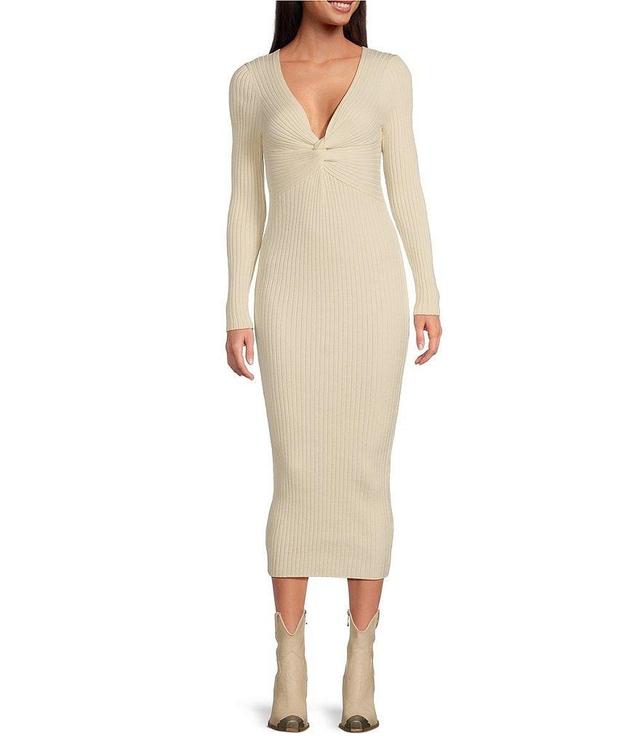 Every Ruched Twist Front V-Neck Long Sleeve Maxi Bodycon Sweater Dress Product Image