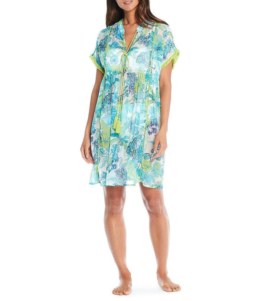 Bleu Rod Beattie What's New Jungle Cat Printed Chiffon V-Neck Short Sleeve Dress Swim Cover-Up Product Image