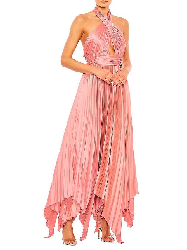 Womens Pleated Satin Halterneck Gown Product Image