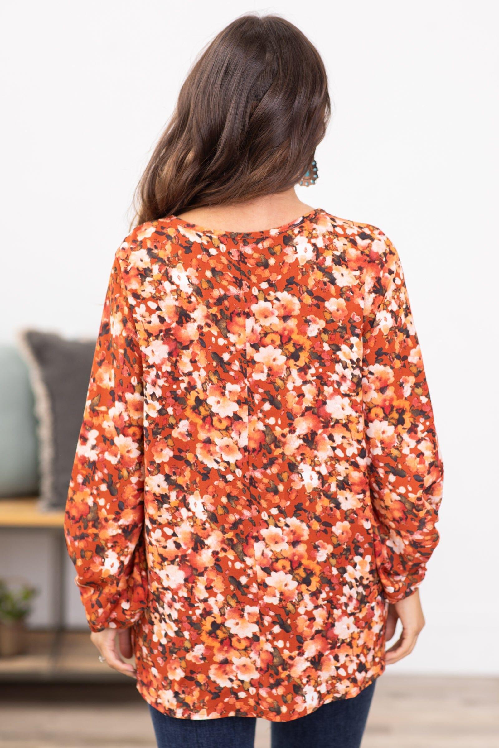 Rust and Orange Floral Print V-Neck Top Product Image