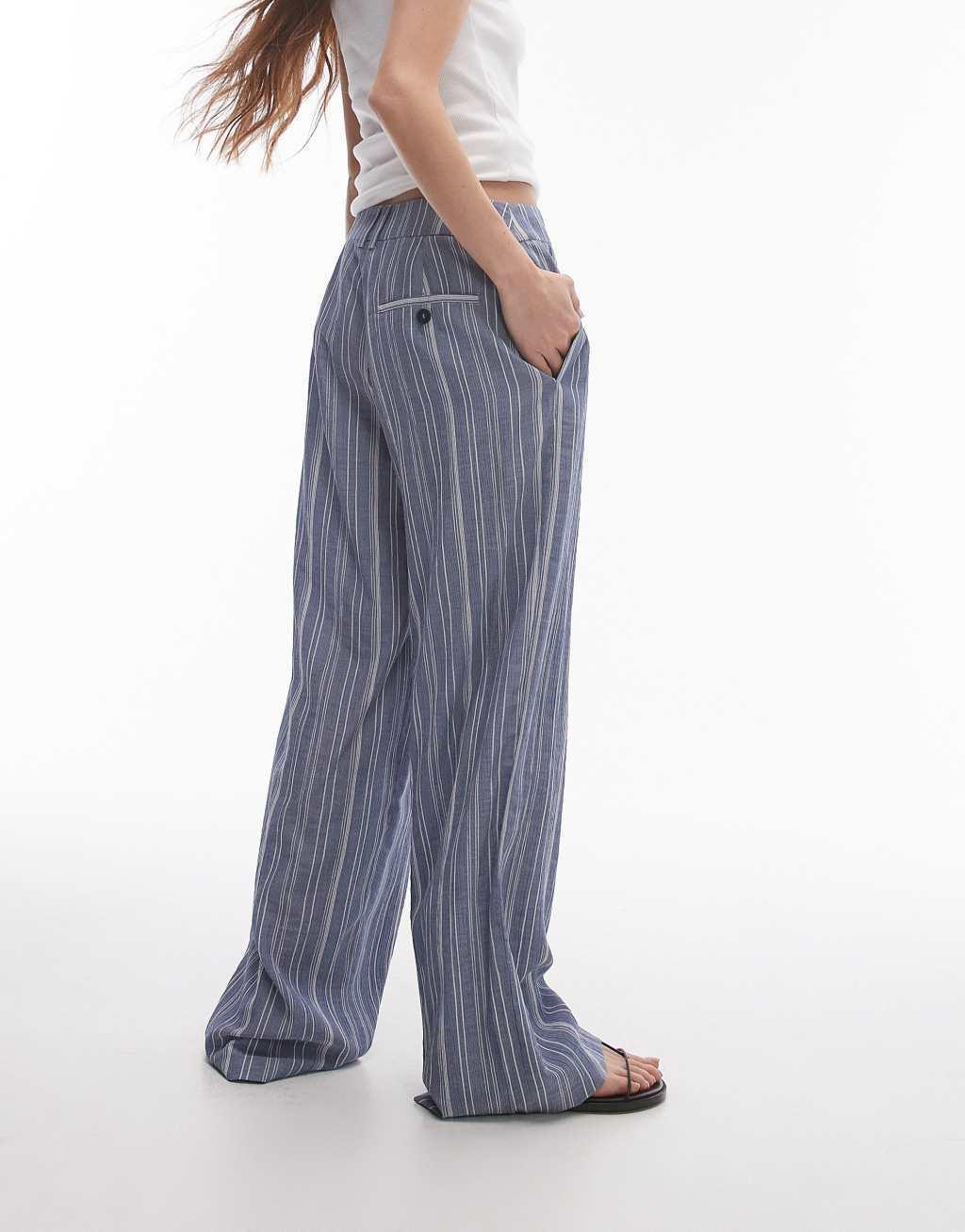 Topshop low slung tailored striped pants in blue Product Image