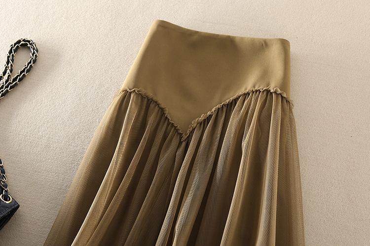 High Waist Plain Gathered Panel Mesh Maxi A-Line Skirt Product Image