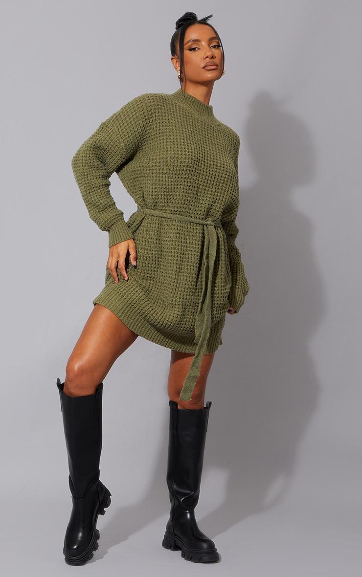 Khaki Soft Belted Knitted Sweater Dress Product Image