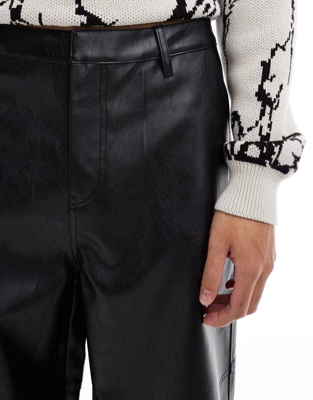 ASOS DESIGN leather look super baggy paneled leg pants in black Product Image