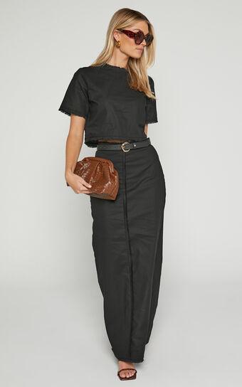 Tisdale Two Piece Set - Linen Look Scoop Neck Short Sleeve Cropped Top and Maxi Skirt in Black Product Image