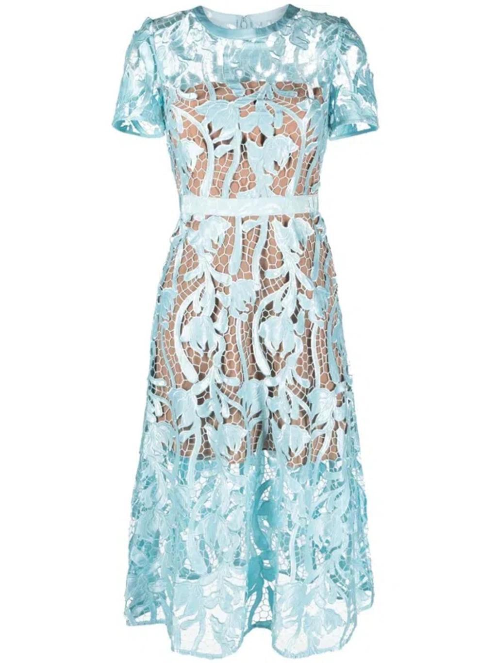 Guipure-lace Flared Midi Dress In Blue Product Image