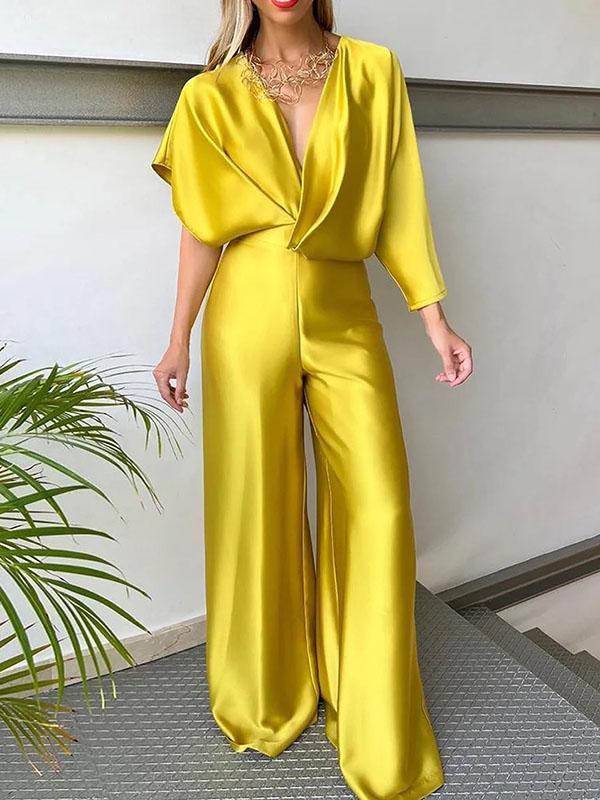 Asymmetric Solid Color Deep V-Neck Jumpsuits Product Image