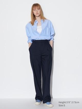 Womens Wide-Fit Pleated Pants (Pinstripe, Tall) Navy XS UNIQLO US product image