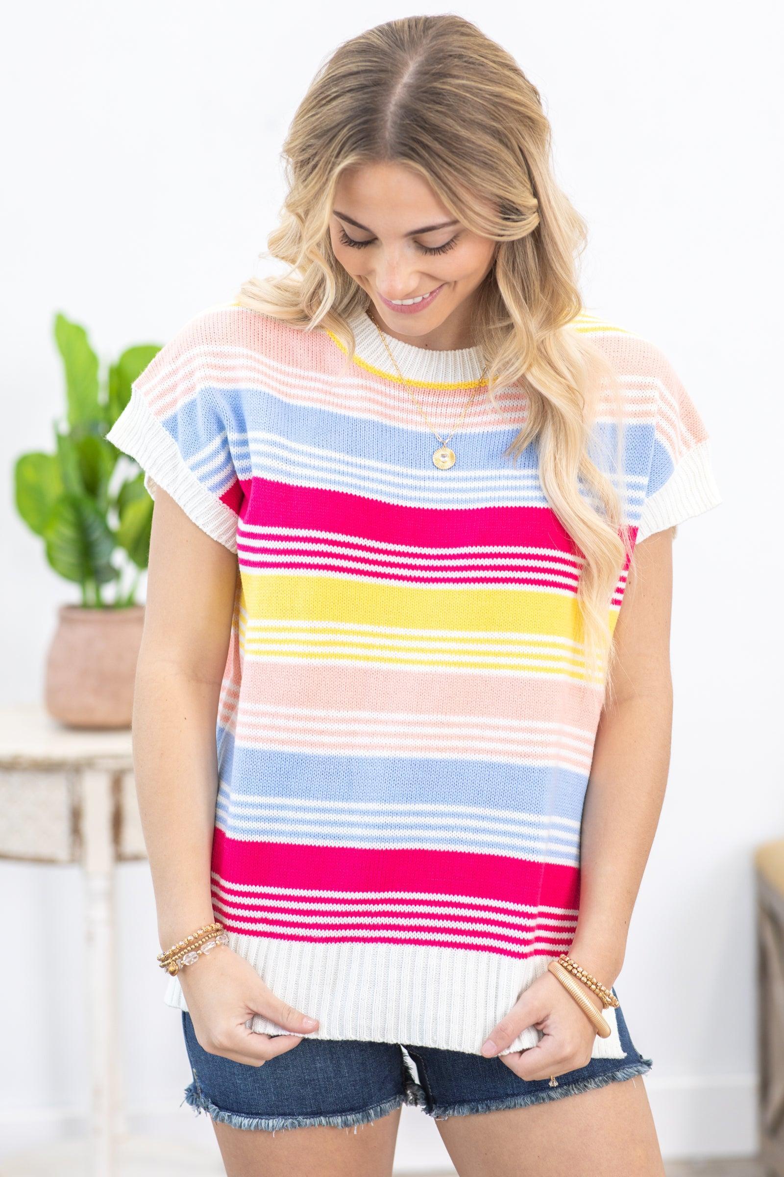 Hot Pink Dolman Multicolor Stripe Knit Top Product Image