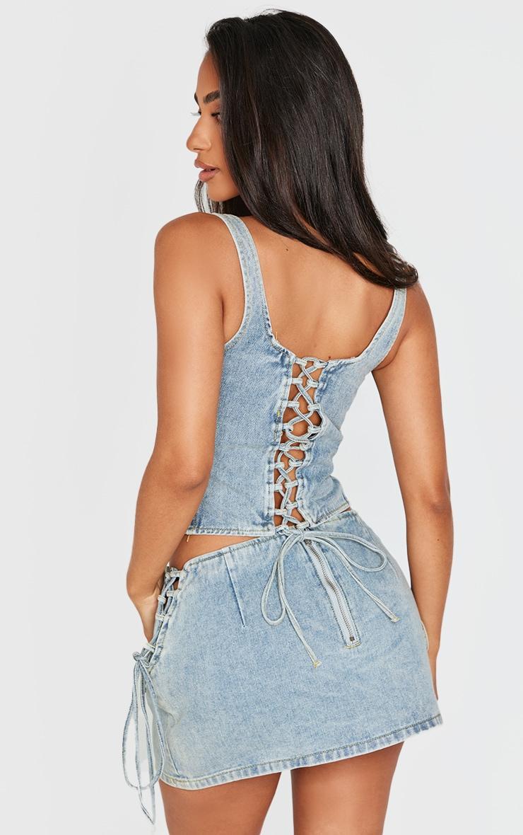 Petite Vintage Wash Denim Lace Up Corset Top product image