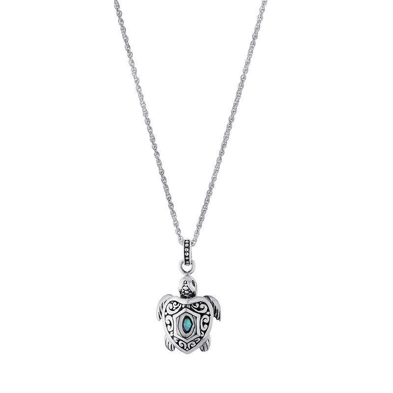 Main and Sterling Oxidized Sterling Silver Abalone Filigree Turtle Pendant Necklace, Womens Silver Tone Product Image