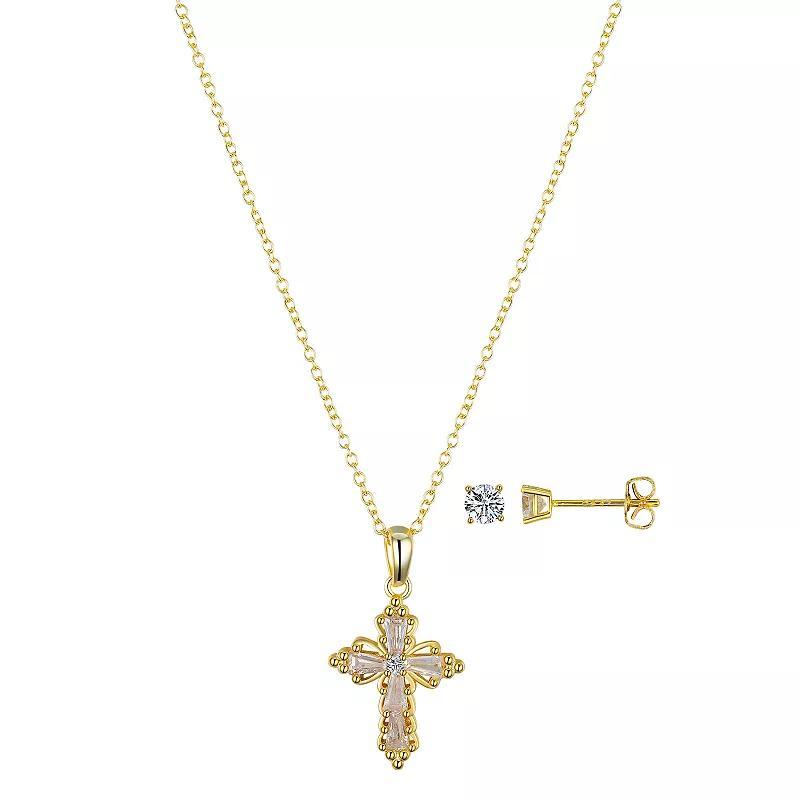 Gratitude & Grace 14k Gold Plated Cubic Zirconia Stud Earrings & Baguette Cross Pendant Necklace Set, Womens Multicolor Product Image