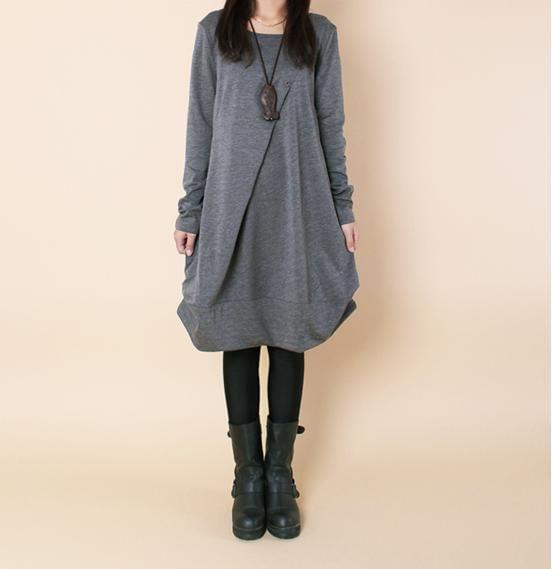 Long-Sleeve Crew Neck Plain Ruched Tunic Dress Product Image