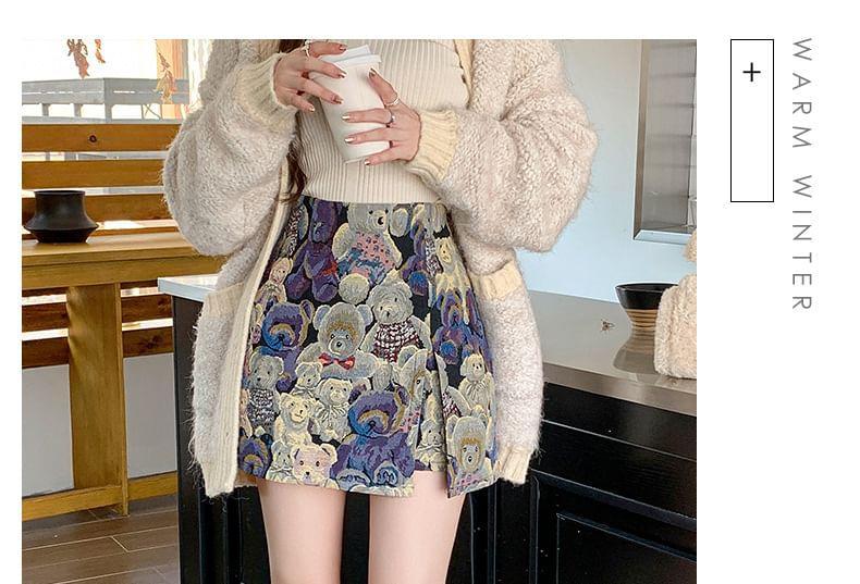 High Waist Bear Print Mini A-Line Skirt Product Image