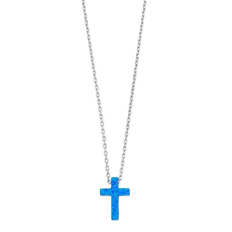 Gemminded Sterling Silver Lab-Created Blue Opal Cross Pendant Necklace, Womens Product Image