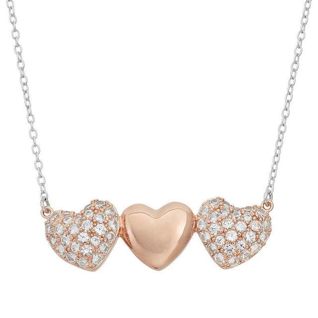 Lab-Created White Sapphire 18k Rose Gold Over Silver Triple Heart Necklace, Womens Product Image