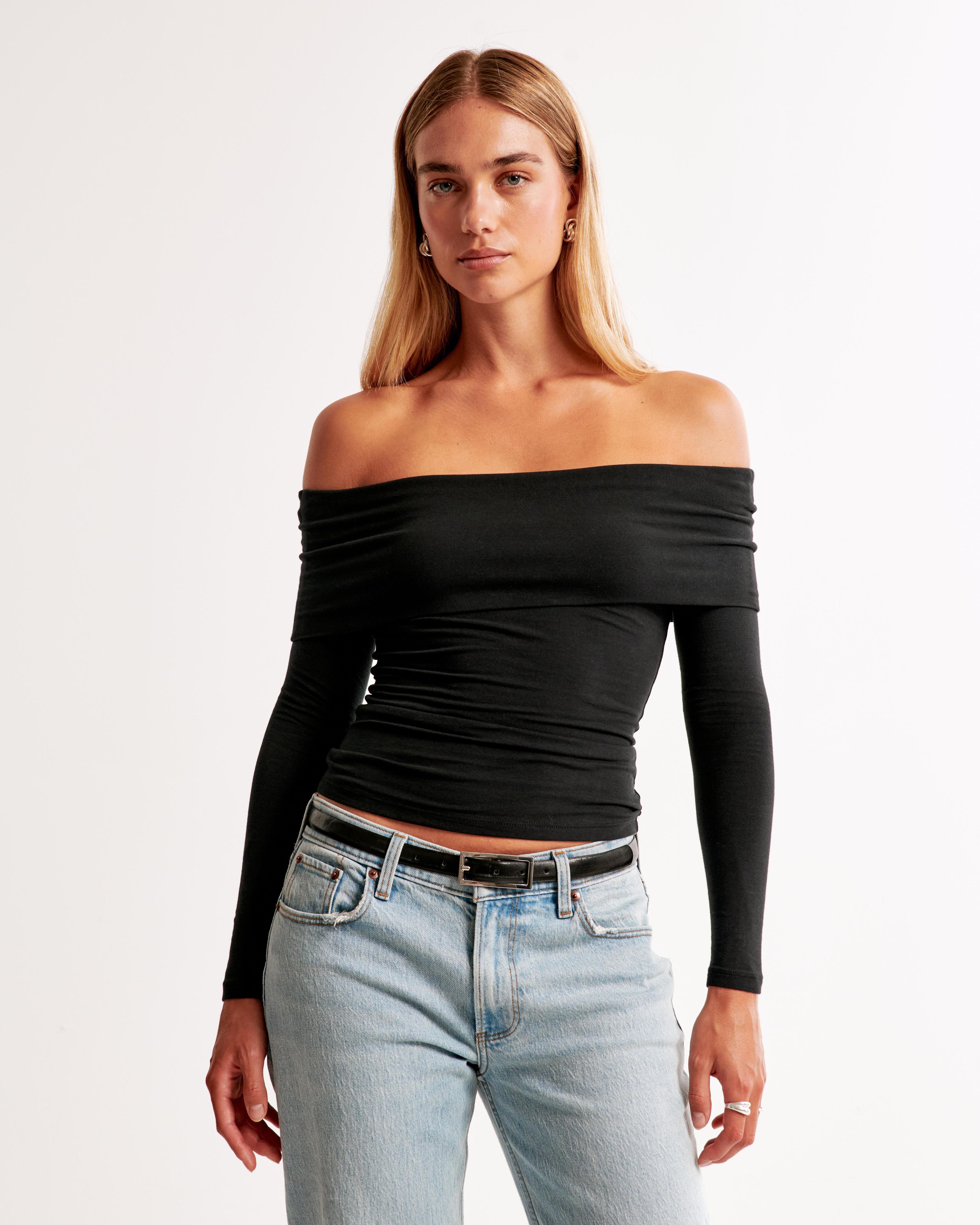 Long-Sleeve Cotton-Blend Seamless Fabric Tuckable Off-The-Shoulder Top Product Image