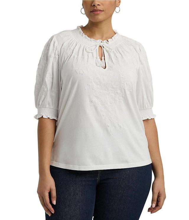 Lauren Ralph Lauren Plus Size Embroidered Ruffle Trim Tassel Tie Split V-Neck Puff Elbow Sleeve Top Product Image