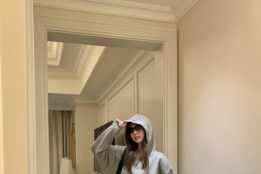 Melange Applique Hooded Zip Cardigan / Elastic Waist Knit Shorts Product Image