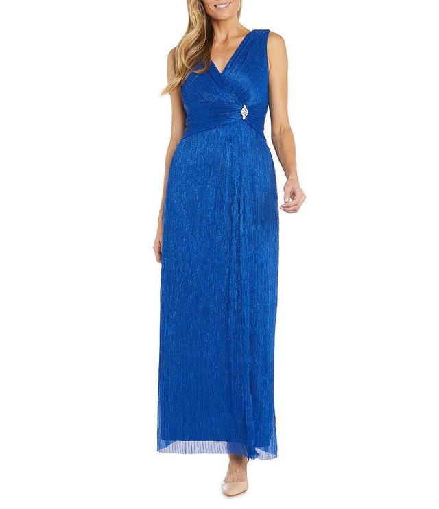 R & M Richards Sleeveless V-Neck Front Slit Pleated Metallic Dress Product Image