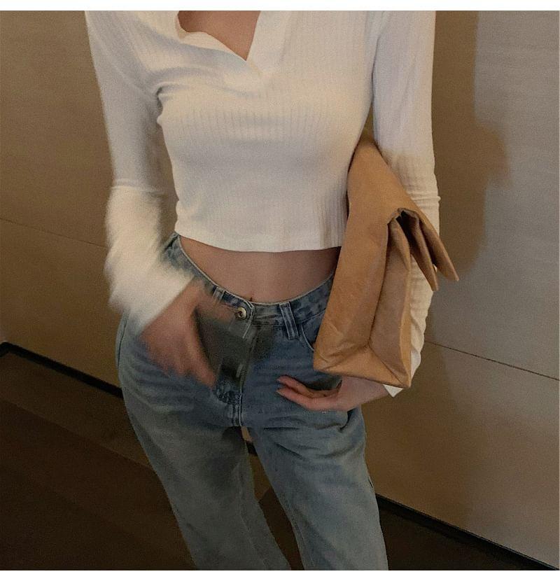 Long-Sleeve Collared Plain Ribbed Slim Fit Crop T-Shirt Product Image