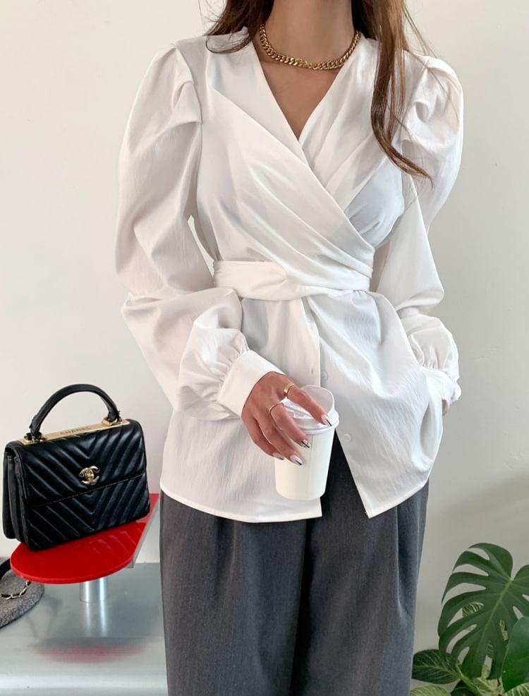 Long-Sleeve V-Neck Plain Button-Up Wrap Blouse Product Image