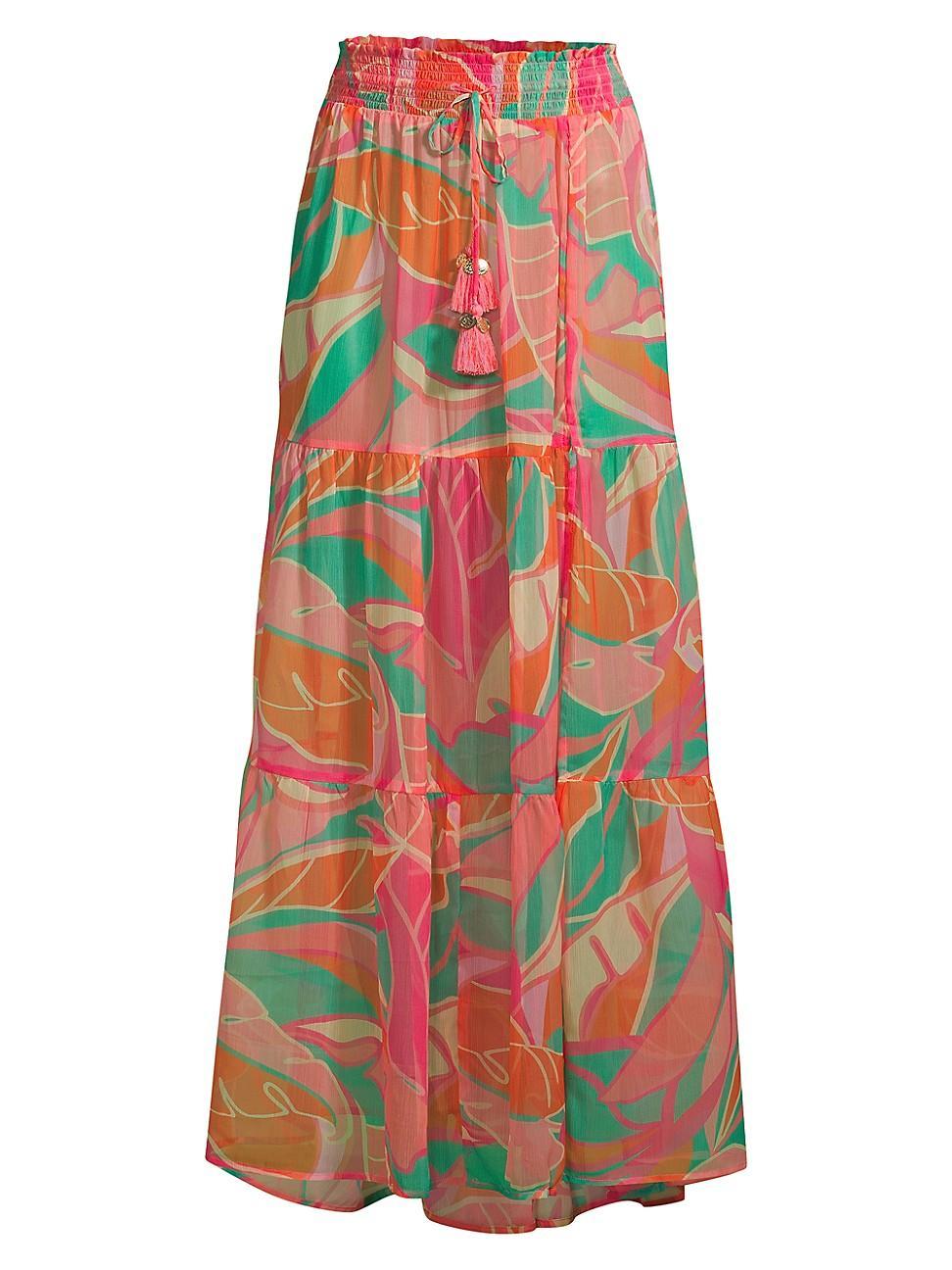 Womens Cecelia Palm-Print Tiered Cover-Up Skirt Product Image