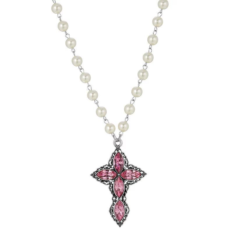 1928 Silver Tone Crystal Diamond Shaped Stones Cross Simulated Pearl Necklace, Womens, Pink Product Image